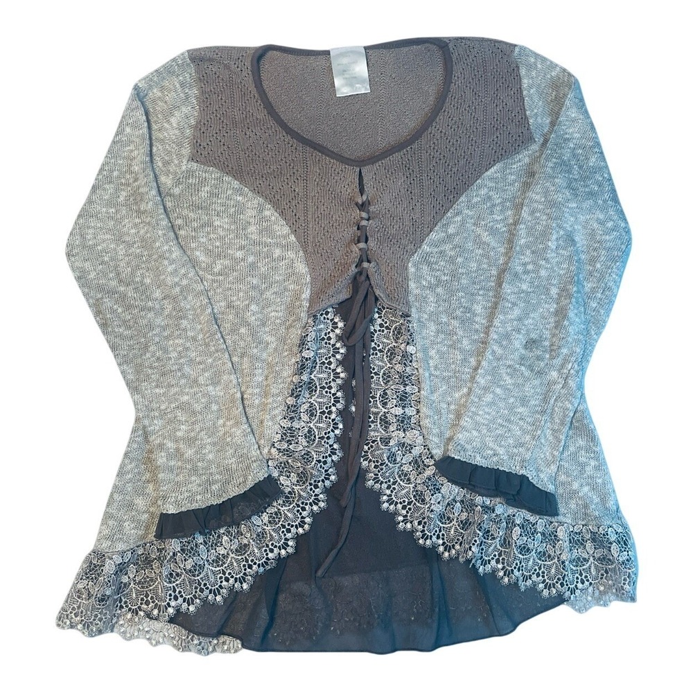 Per Una Cardigan Sweater Womens 8 Gray Lace Up Mixed Media Boho Crochet Trim